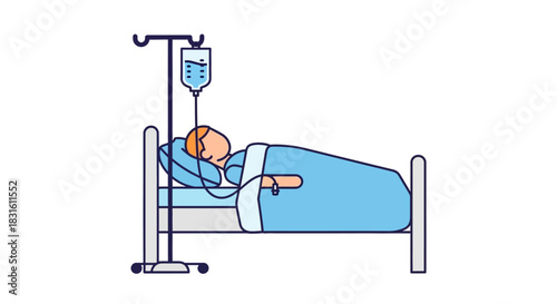 A patient lies in a hospital bed with an IV drip recovering