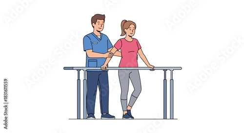 A physio assists a patient using parallel bars for rehabilitation indoors