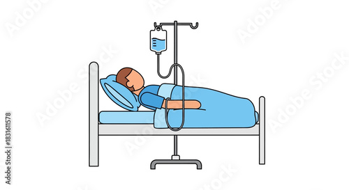 A patient lies in a hospital bed connected to an IV drip