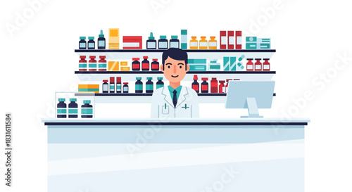 A pharmacist smiles behind a counter with shelves of medications
