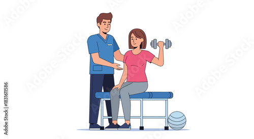 A physiotherapist assists a woman lifting a dumbbell while seated on an exercise bench