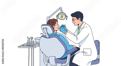 Dentist examining patient in chair with tools and light wearing glasses and gloves