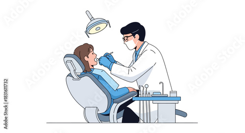 Dentist examining patient with light tools on table