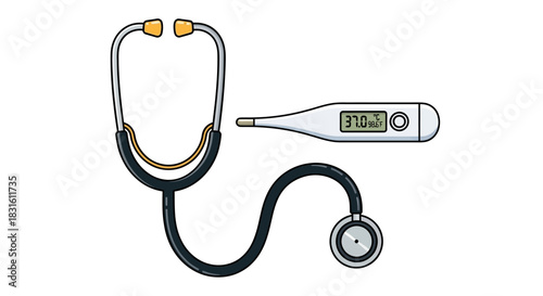 Digital rendering of a stethoscope and thermometer medical tools