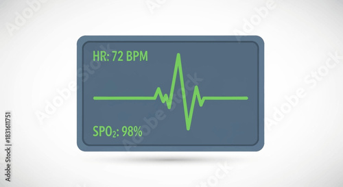 Display screen showing vitals heart rate at 72 BPM SPO2 at 98 and an ECG waveform