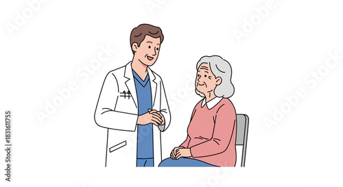Doctor conversing with an elderly woman in a pink sweater sitting on a grey chair