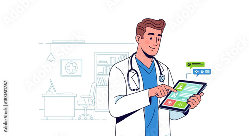 Doctor examines a digital tablet in an office setting