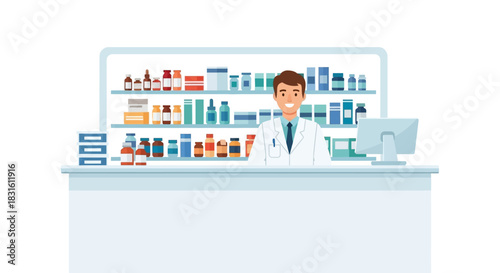 Pharmacist stands behind a counter with shelves stocked with medicines and a computer