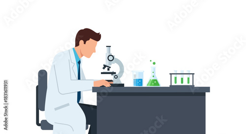 Scientist in lab coat observes through a microscope near labware on a table