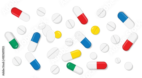 Pills of various colors and shapes spread on a white surface