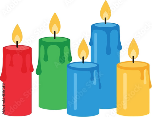 Colorful burning candles in varying shapes and shades illuminate a simple scene