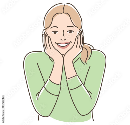 A woman smiles with her hands on her cheeks, expressing joy and anticipation.