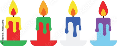 Colorful dripping wax candles in red green blue and purple hues