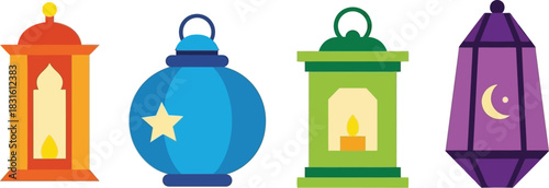 Colorful ramadan lanterns with unique designs and illuminated light sources