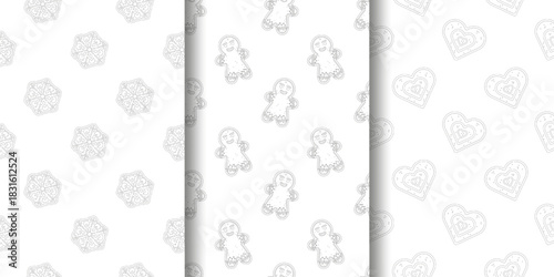 Set of three seamless holiday cookie patterns in monochrome line art left snowflake cookies with icing details center gingerbread men with smiling faces right heart shaped cookies with dotted icing