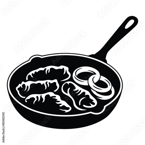 Skillet with bulgogi and onion rings Vector, Silhouette, Illustration