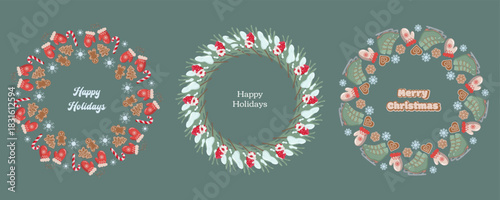 Three holiday wreaths on green background mittens and cookies with Happy Holidays , pine branches with berries, and ice skates with Merry Christmas . Festive and cheerful illustration