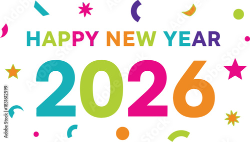 Festive new year greeting with colorful confetti and the year 2026