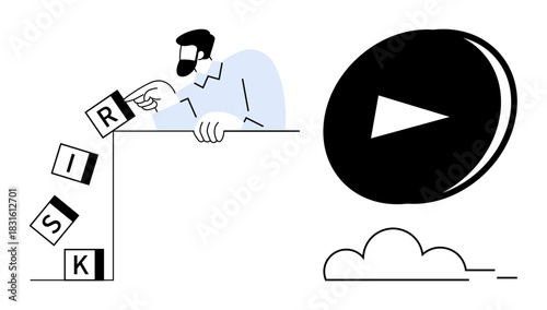 Man tipping over stacked RISK blocks, symbolizing decision-making, fear, or uncertainty. Large play button implies taking action. Ideal for risk management, leadership, strategy, opportunity