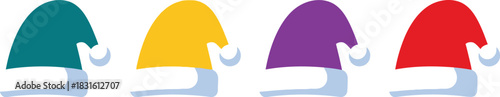 A colorful row of four cartoon santa hats with white fluffy trim