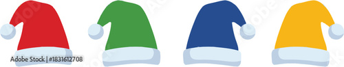 A row of colorful santa hats with white fluffy trim is displayed