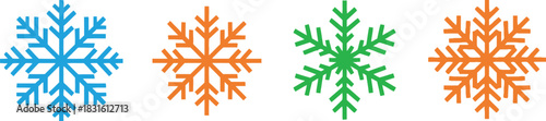 Colorful snowflake designs arranged in a horizontal line across a white background