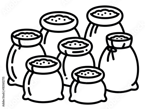 A collection of seven burlap sacks filled with granular material is depicted in a simple line drawing illustration.