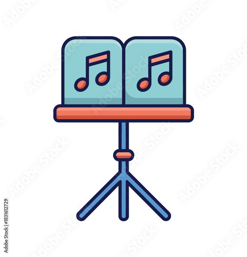 A blue music stand is holding two sheets of music with red musical notes and clefs on a white background.