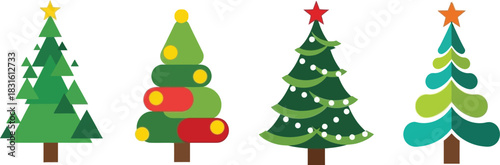 A collection of four colorful stylized christmas trees with stars