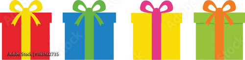 A colorful row of four gift boxes each with a bright ribbon