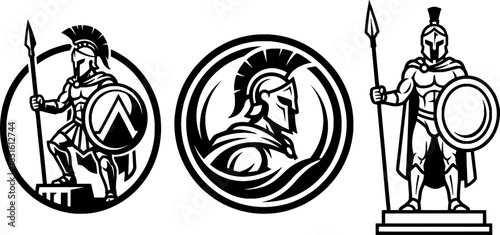 Spartan Warrior Vector Logo Set with Shield and Spear in Black and White Emblem Style