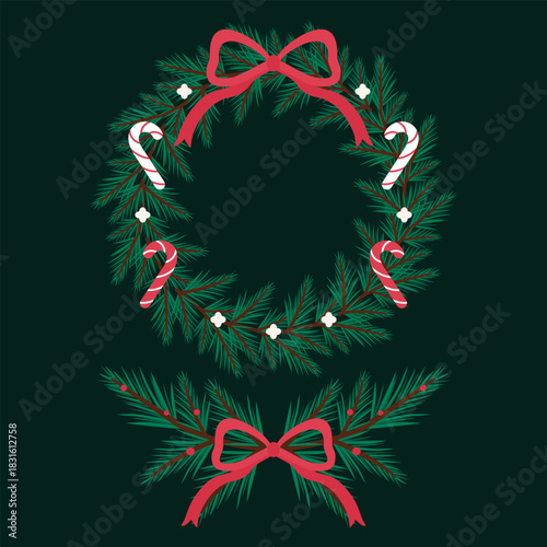 Christmas Wreath and Garland with Candy Canes and Bows