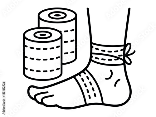 An illustration depicts an ankle being wrapped with medical tape from two rolls of tape.