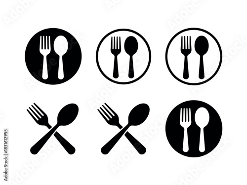 A collection of six different black and white icons representing dining utensils, including forks and spoons, within circular frames or crossed.