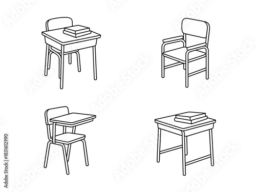 Four simple line drawings depict various school desks with books stacked on top, set against a white background.