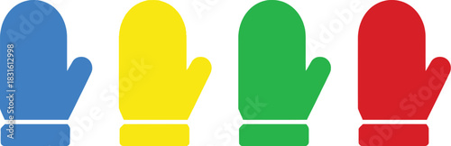 A row of brightly colored mittens in blue yellow green and red