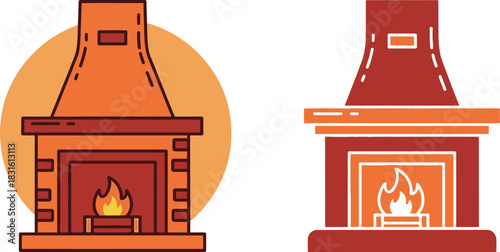 Two vibrant illustrations of brick fireplaces with glowing flames inside