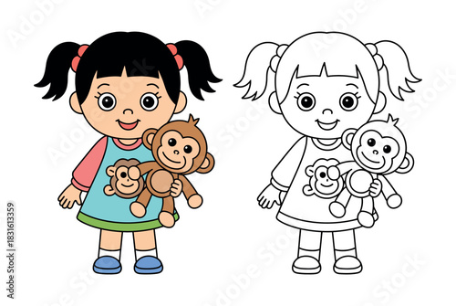 A cheerful cartoon girl with pigtails holds a monkey toy, presented alongside a black and white outline version for coloring.