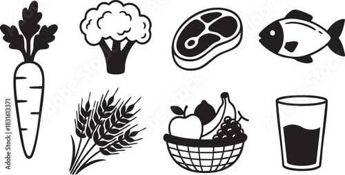 Basic Food Groups and Nutrition Glyph Icons Set