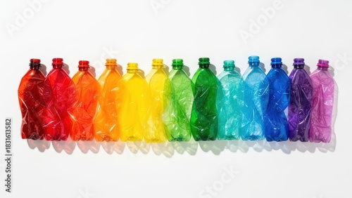 Colorful rainbow plastic bottles arranged in a row on white background