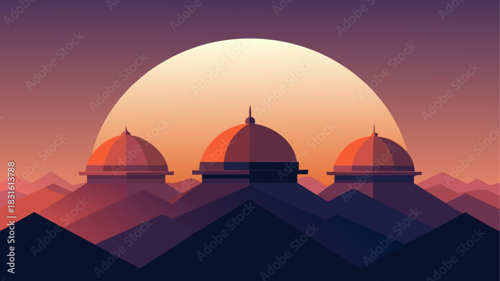 Obraz premium Three domes under a large sun in a mountain range