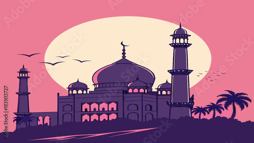 Illustration of mosque at sunset with birds flying