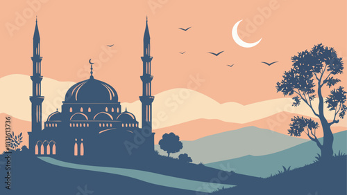 Silhouette of a mosque at dusk with crescent moon