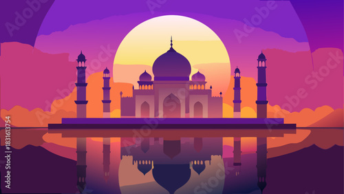 Taj mahal reflecting in water at sunset scenery