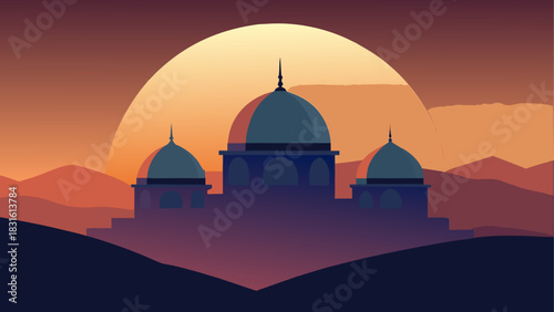 Mosque silhouette against sunset landscape view