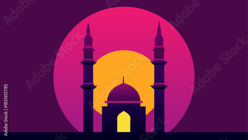 Silhouette of mosque against a sunset backdrop