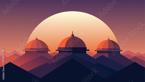 Three domes under a large sun in a mountain range