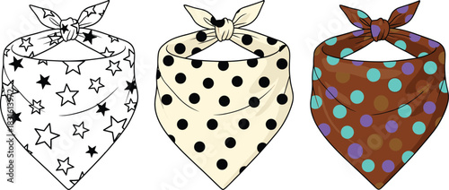 Bandana scarf set CAD drawing flat vector illustration, fashion accessory design with star pattern and polka dot textile print templates