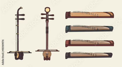 Asian stringed instruments collection with transparent background