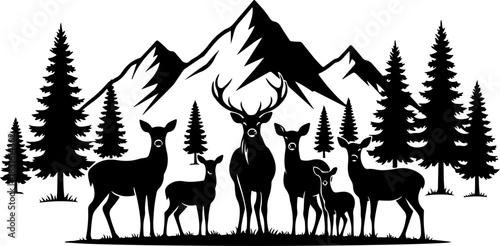 Majestic Deer Silhouette in Mountain Forest Wilderness Art